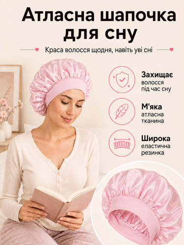 Атласная шапочка для сна и защиты волос с широкой резинкой розовая 3500 фото