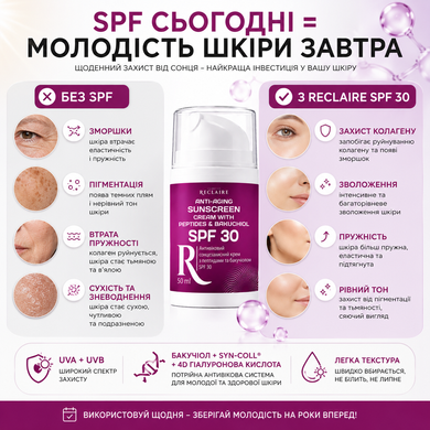 Антивіковий сонцезахисний крем SPF 30 з пептидами та бакучіолом Reclaire