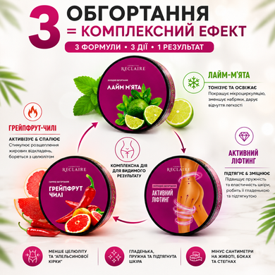 ТОП набір із 3 антицелюлітних обгортань Reclaire для схуднення живота, боків і стегон, зменшення об'ємів та боротьби з целюлітом