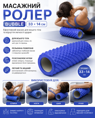 Роллер для самомассажа, ролер для рук, ног, спины, тела, шеи Bubble 33*14см синий 3343 фото