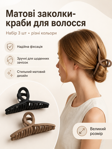 Заколки-крабы для волос большие матовые, набор 3 шт, женские аксессуары для причесок, разные цвета 3513 фото