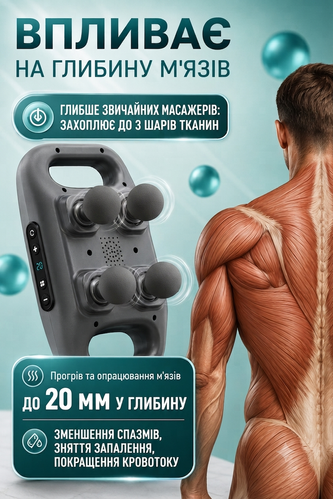 Перкусійний масажер Fascia Gun з 4 насадками для спини, шиї та тіла. 3463 фото