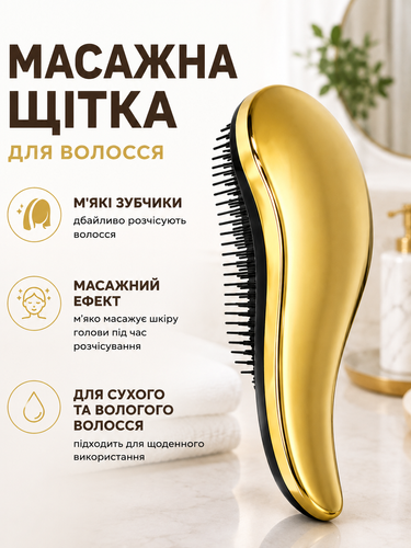 Массажная щетка для волос 19 см с мягкими зубчиками - расческа для легкого расчесывания и массажа кожи головы золотистый 3519 фото